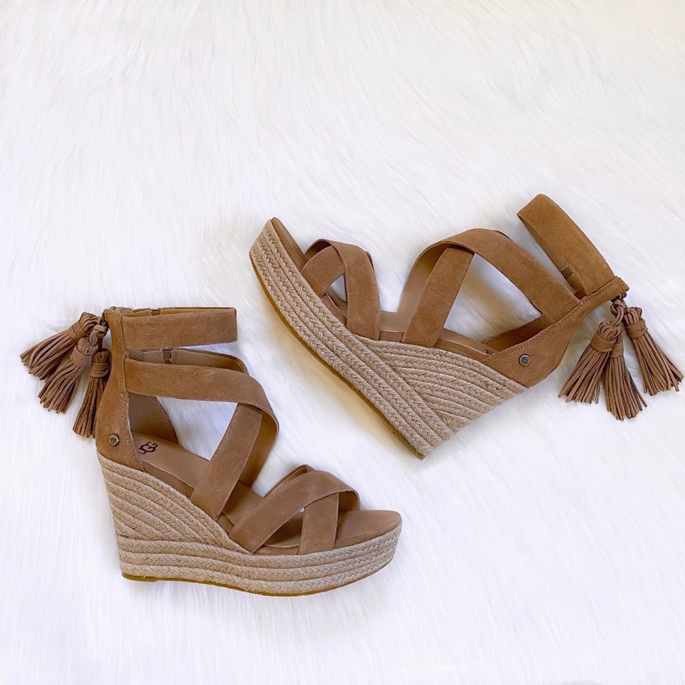 UGG Tan Suede Espadrille Wedge Sandals with Tassel - Picture 7 of 8